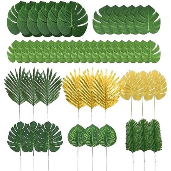 78Pieces 9Kinds Artificial Tropical Leaf Jungle Leaves Golden Plant SafariLeaves - Picture 1 of 7